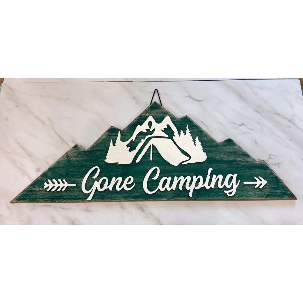 Gone Camping Sign Home Decor Green Mountain Shape Wood Plaque